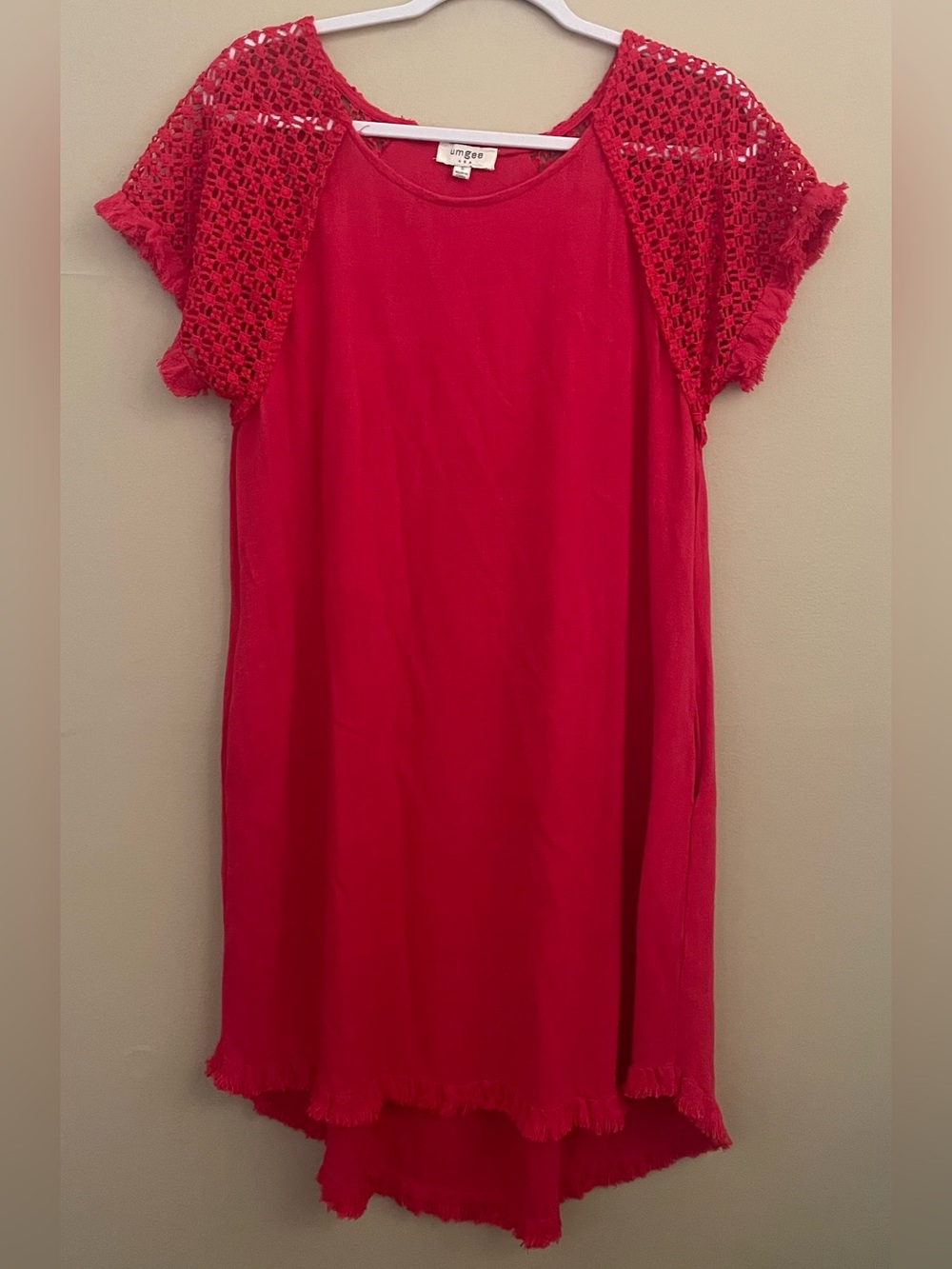 Umgee Red High-Low Linen Cotton Dress with Crochet Sleeves